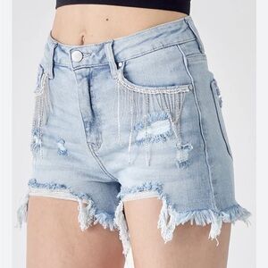 RISEN; high rise rhinestone shorts in light blue